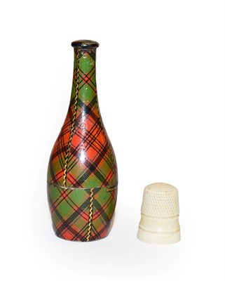 Lot 125 - A tartan ware thimble case of skittle form, inscribed Drummond and housing a thimble, 7.5cm