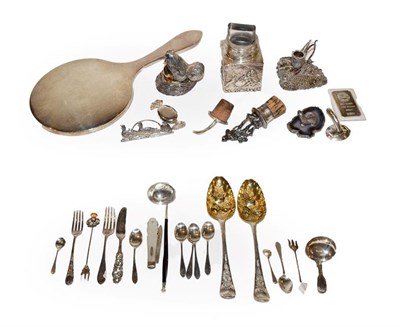 Lot 153 - A collection of assorted silver and silver plate items, including a silver mounted scent bottle, by