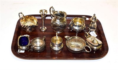 Lot 157 - A collection of silver, including a mustard-pot and salt-cellar, each with blue glass liner and...