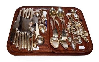 Lot 158 - A collection of silver and silver plated flatware, including three Fiddle pattern table-spoons,...