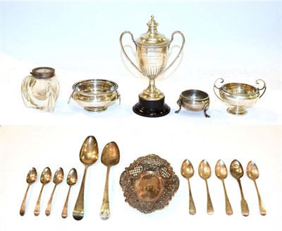 Lot 160 - A tray of assorted silver to include a twin handled trophy by Thomas William Lack, London,...