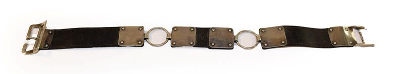 Lot 167 - A Victorian silver and leather dog-collar, the silver mounts by Thomas Johnson, London, 1873,...
