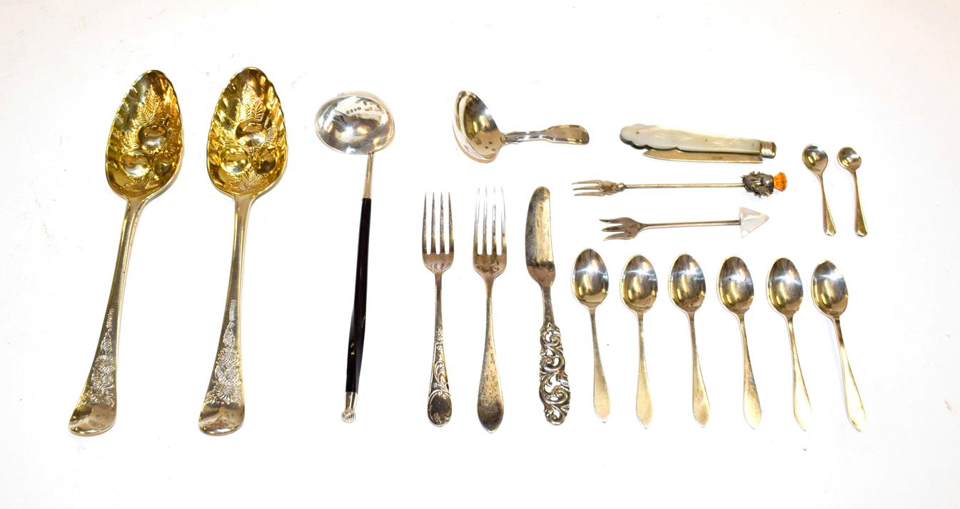 Lot 172 - A collection of assorted silver flatware, including a pair of George III silver tablespoons,...