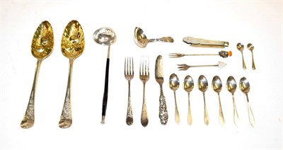 Lot 172A - A collection of assorted silver flatware, including a pair of George III silver tablespoons,...