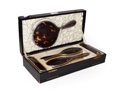 Lot 176 - A cased five-piece silver and tortoiseshell mounted brush set