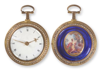 Lot 416 - A Gilt Metal Enamel Pearl Set Quarter Striking Clock Watch, signed Andw Foulds, London,...