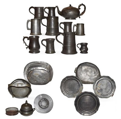 Lot 192 - Two trays of 19th century and later pewter items, including capstan inkwell and tankards etc...