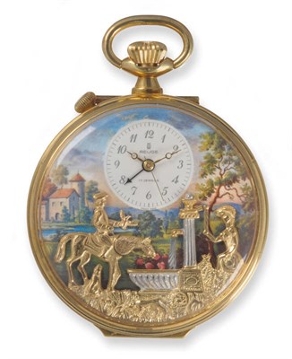 Lot 418 - A Gilt Metal Automata Musical Alarm Pocket Watch, signed Reuge, circa 1960, 17-jewel lever movement