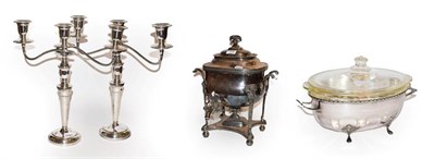 Lot 202 - A Victorian silver plated samovar, pair of three-light silver plated candelabra, together with...