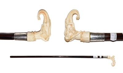 Lot 209 - An ivory mounted walking stick, late 19th century, with white metal ferrule, the handle carved with