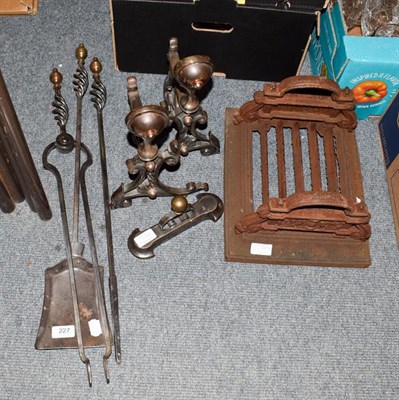 Lot 227 - A late 19th century steel fireside Arts & Crafts style companion set, together with a cast iron...