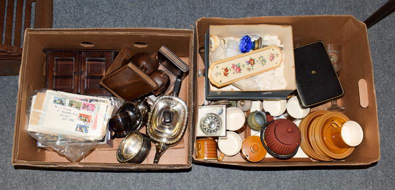 Lot 228 - Two boxes of assorted items including a silver plated tea service, Hornsea Saffron teawares,...
