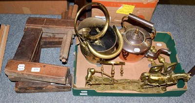 Lot 230 - Four 19th century joiners G clamps, 37cm by 29cm together with a copper kettle and a brass...