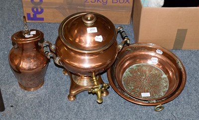 Lot 233 - A 19th century copper tea urn, the cover with stamped marks ''I&W MARSHALL, EDINBURGH'', 41cm high