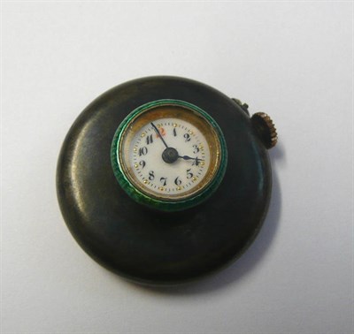 Lot 422 - A Gun Metal Button Hole Watch, circa 1925, cylinder movement, enamel dial, snap-on back, green...