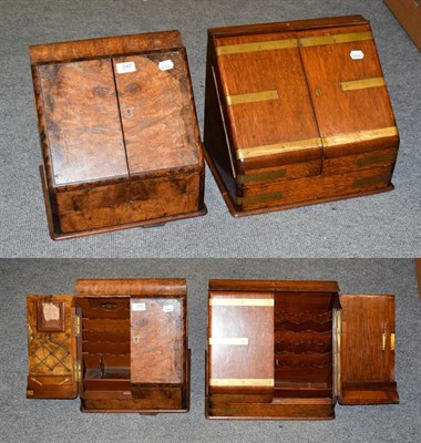 Lot 240 - A Victorian figured walnut fitted stationary box together with a similar brass bound oak...