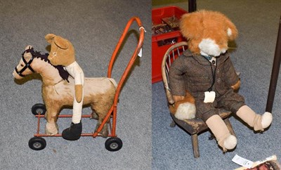Lot 242 - A dolls country Windsor chair, a soft toy formed as a fox with label for Liz Robson, another as...