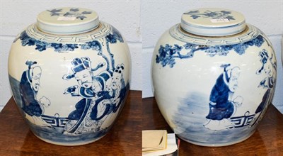 Lot 244 - Two Chinese blue and white ginger jars and covers decorated with figures, 29cm (2)