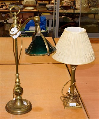 Lot 255 - A Victorian brass adjustable desk lamp with green glass shade, 61.5cm high together with a...