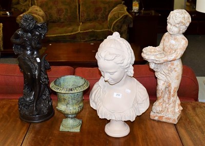 Lot 258 - Decorative items including a bronzed composite maiden, glazed pottery cherub 62cm high, metal...