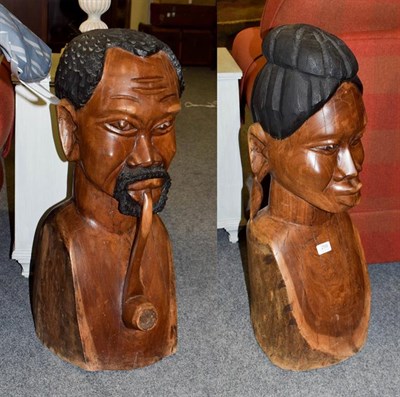 Lot 259 - A pair of carved hardwood African tribal head figures, 77cm high (2)   Provenance: By repute,...