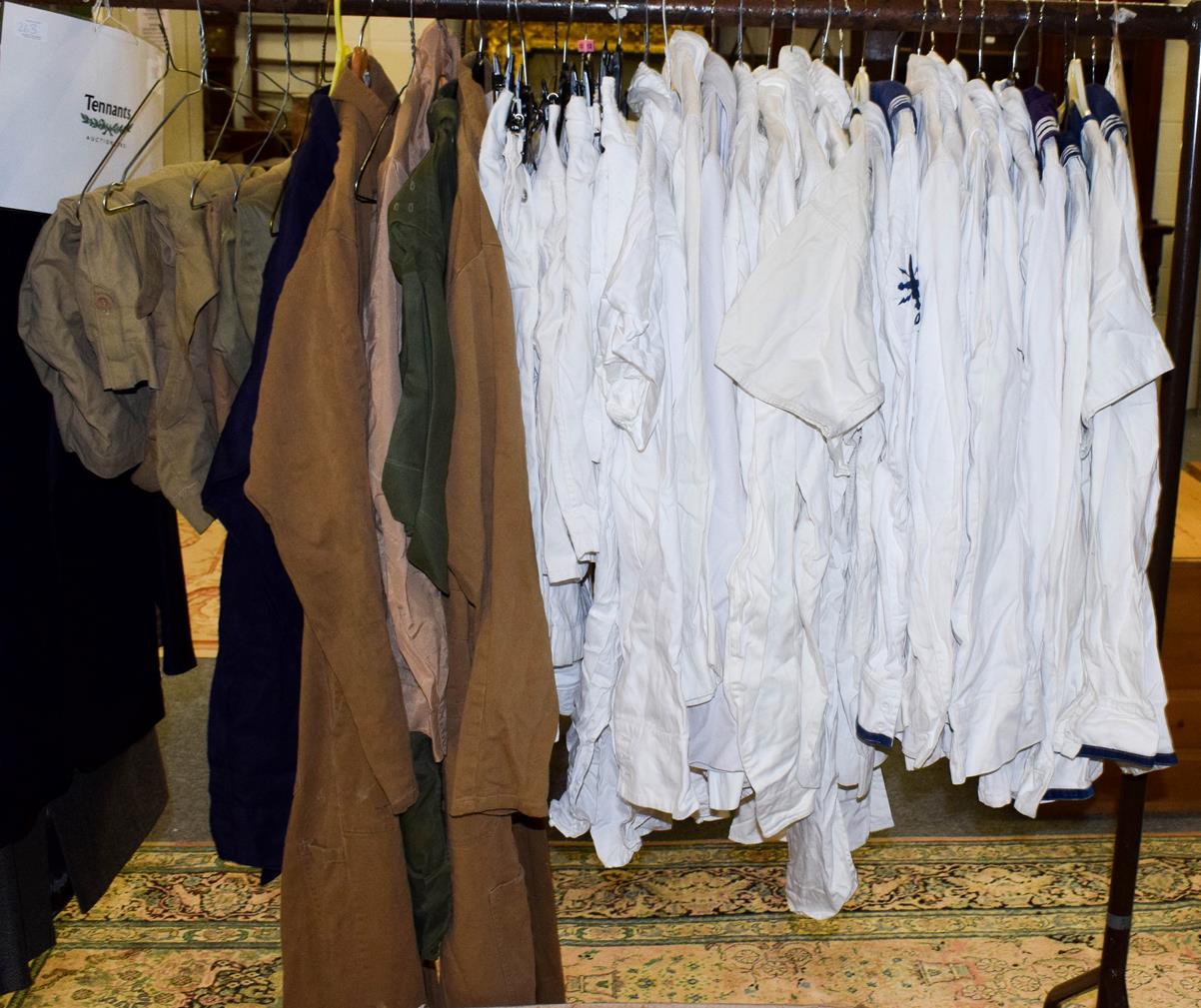Lot 263 - Part rail of naval whites including jackets, tunics, shorts etc and canvas clothing