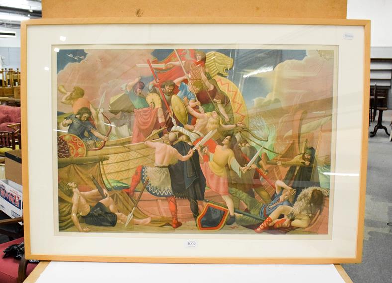 Lot 1002 - After Colin Unwin Gill (1892-1940) King Alfred's long ships defeat the Danes 877AD, the...