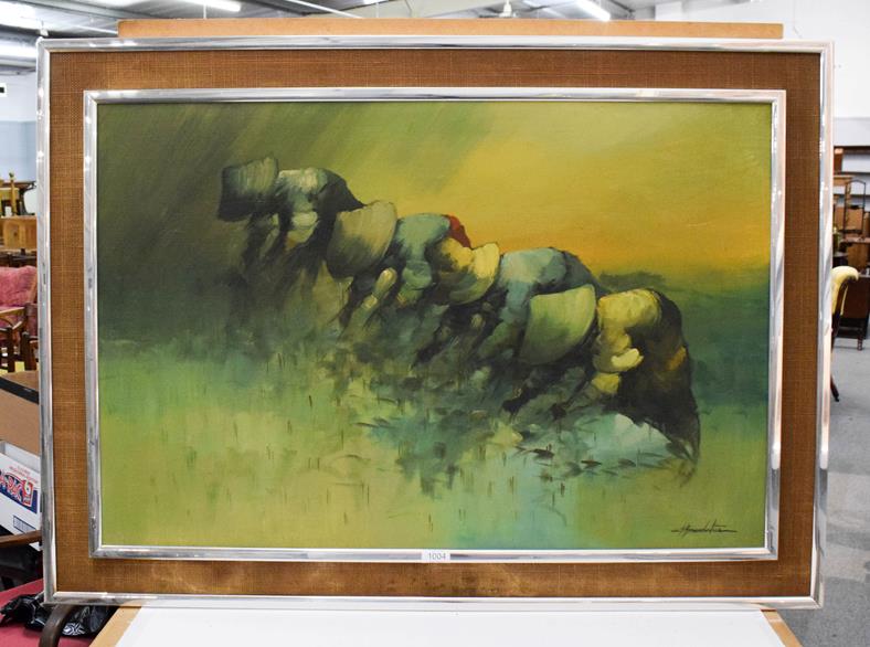 Lot 1004 - Cesar Buenaventura (20th century) Rice field, signed, oil on canvas, 60cm by 90cm