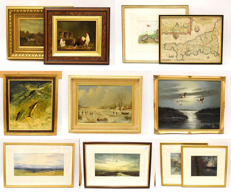 Lot 1016 - A mixed lot of oil paintings, watercolours and prints, to include Frank Graham Noble, chickens,...