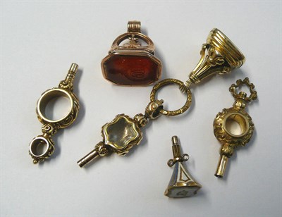 Lot 429 - Four 19th Century Watch Keys and Two Fob Seals, comprising bloodstone and paste set key with...