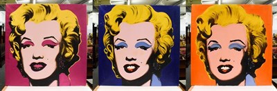 Lot 1031 - After Andy Warhol, three pop art oils of Marilyn Monroe, 90cm by 90cm (3)