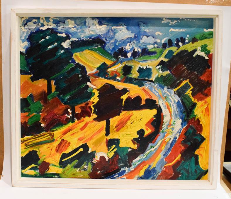 Lot 1032 - P Michael Thompson, Harvest in the Rutland, acrylic on board, 60cm by 70cm