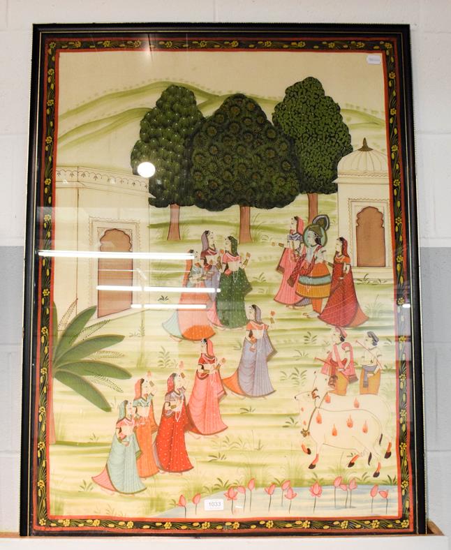Lot 1033 - A large framed Indian goache picture on silk, depicting a deity and attendants in a landscape,...