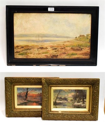 Lot 1034 - G A Waterston, pair of winter river landscapes, oils, 13cm by 24cm, together with a coastal...