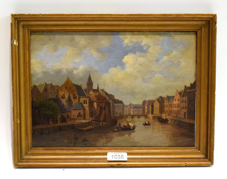 Lot 1035 - Dutch School (19th Century) canal scene, oil on panel, 22.5cm by 32cm