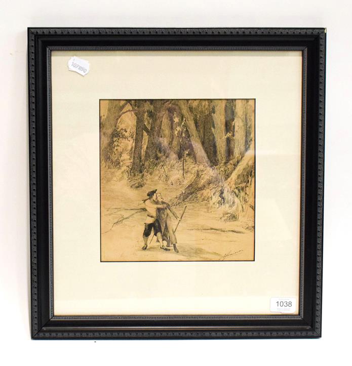Lot 1038 - Alexander Jamieson (1873-1937) Scottish, figures in a woodland, signed, pen and ink, 24cm by 22.5cm