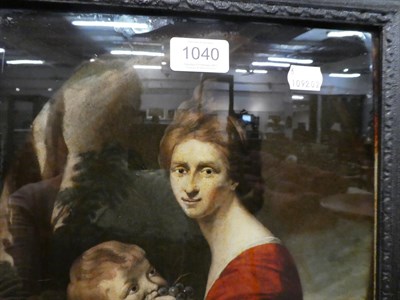 Lot 1040 - An 18th century reverse print on glass, titled 'Mrs Imhoff and child', 36cm by 25cm