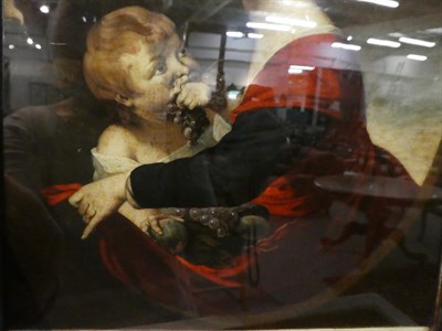 Lot 1040 - An 18th century reverse print on glass, titled 'Mrs Imhoff and child', 36cm by 25cm