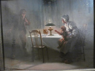 Lot 1055 - Alexander Rosell (1859-1922) Pair of interior scenes, figures by lamplight, oil on canvas,...