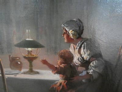 Lot 1055 - Alexander Rosell (1859-1922) Pair of interior scenes, figures by lamplight, oil on canvas,...