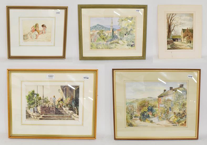Lot 1057 - Donald Grige, ''Steps and Market Stall'', signed, watercolour, 17cm by 25cm; Ann Haworth,...