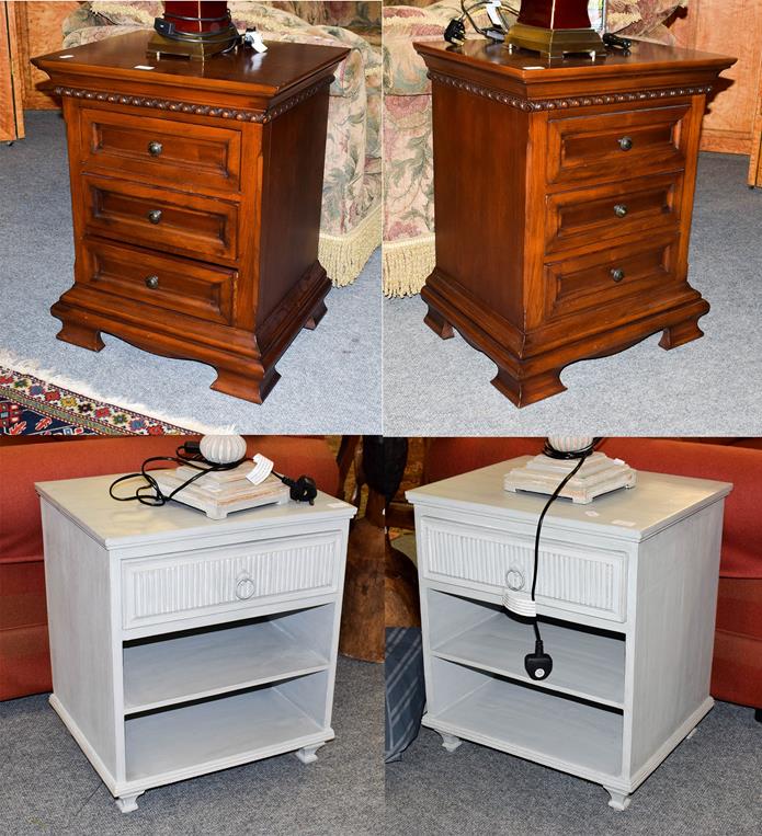 Lot 1067 - A pair of three drawer bedside chests, raised on bracket feet, 58cm by 46cm, 72.5cm high,...
