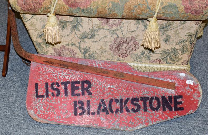 Lot 1072 - An agricultural metal sign inscribed 'Lister Blackstone', 91cm wide