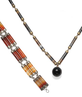 Lot 434 - A Sardonyx Necklace, faceted columns with engraved mounts, a spherical sardonyx pendant, length...