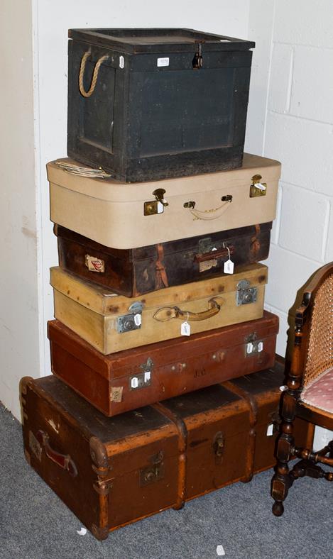 Lot 1078 - A wooden bound trunk, three suitcases and a box (6)