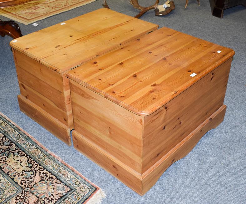 Lot 1083 - A pair modern pine blanket boxes, 90cm by 57cm by 56cm high (one slightly lighter in colour)