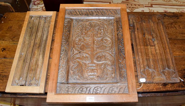 Lot 1093 - Three oak panels, comprising a 17th century unframed panel, 48cm by 23cm, a linenfold panel,...