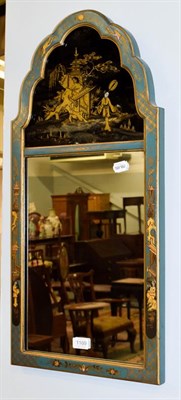Lot 1169 - An early 20th century lacquered chinoiserie pier mirror with verre églomisé arched top panel,...