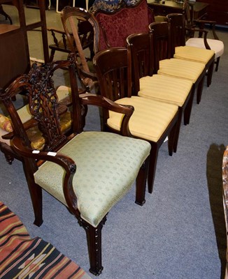 Lot 1178 - Four modern slat back dining chairs, together with a Chippendale revival open armchair and a...
