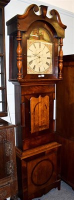 Lot 1224 - A Victorian oak and mahogany cased thirty-hour longcase clock, with painted arch-top dial,...
